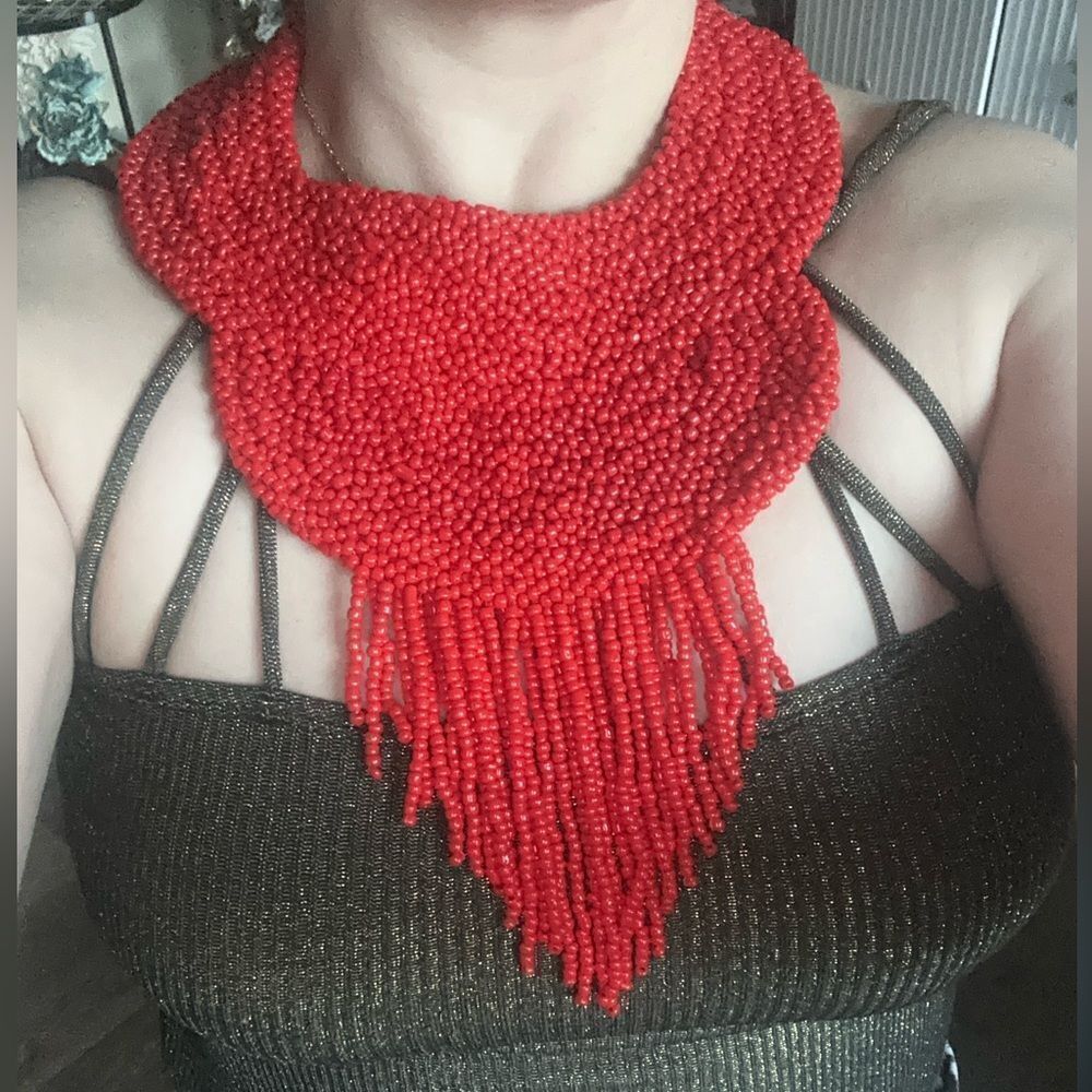 Bold Red Beaded Statement Necklace Glamorous & Un… - image 6